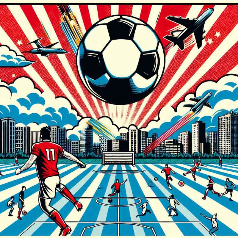 Soccer field with soccer players having a match